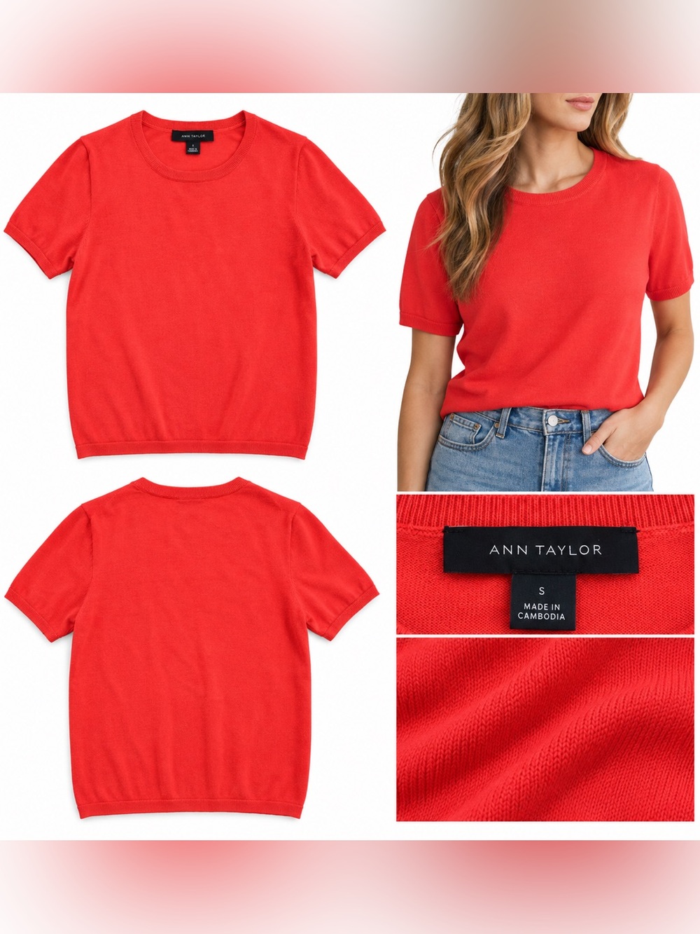 Ann Taylor Red Coral Short Sleeve Knit Sweater Top Size Small